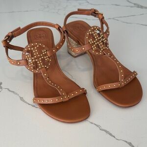 Tory Burch studded t-strap tan leather sandal size 9 1/2
